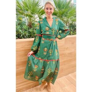 IslaPayal Positano Maxi Dress Spruce Green Embroidery Shirt Dress Sz S - no belt